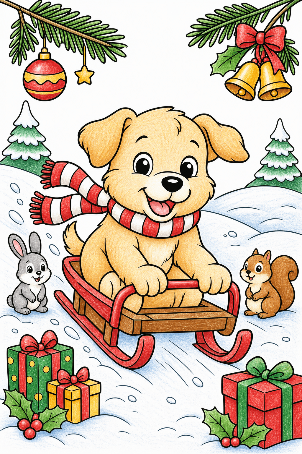 Christmas Animal Puppy Sledding with Scarf colored-pencil colorized preview