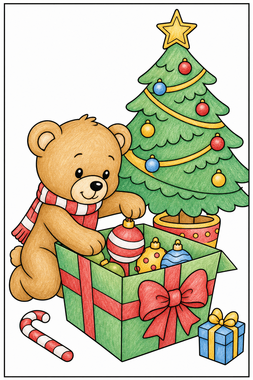 Teddy Bear Unpacking Christmas Ornaments colored-pencil colorized preview