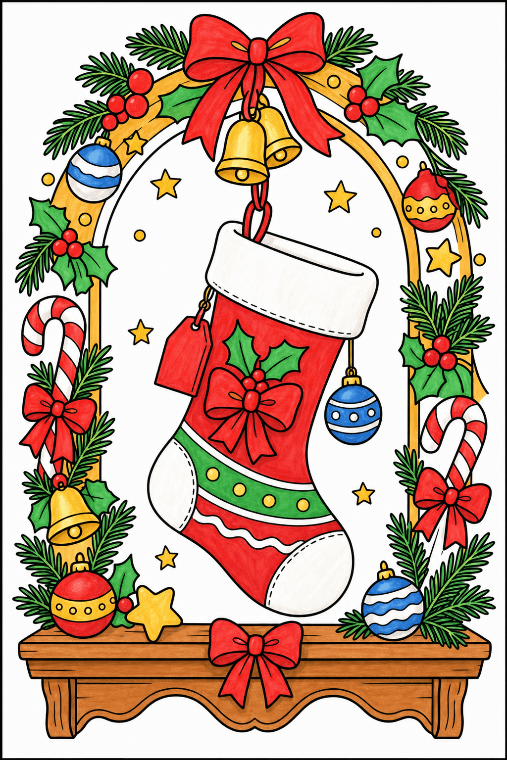 Christmas Stocking in an Evergreen Arch marker colorized preview