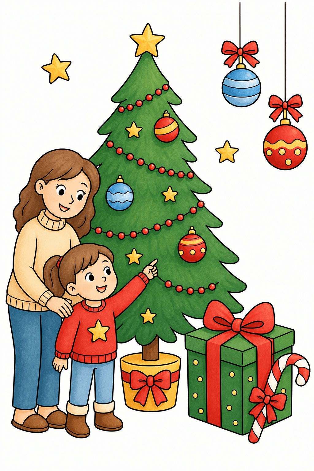 Woman and Child Beside a Christmas Tree storybook colorized preview