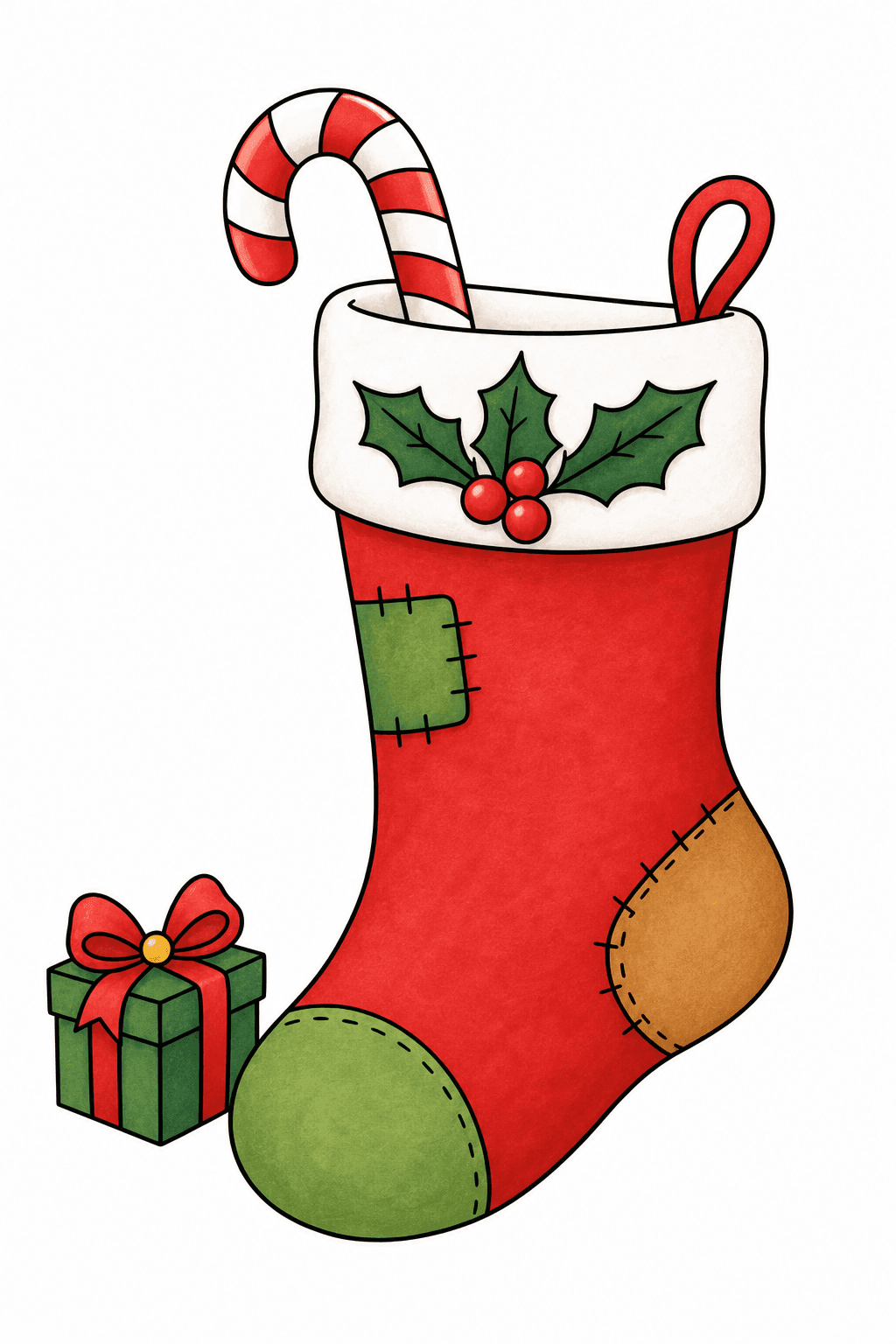 Christmas Stocking with Candy Cane and Present storybook colorized preview
