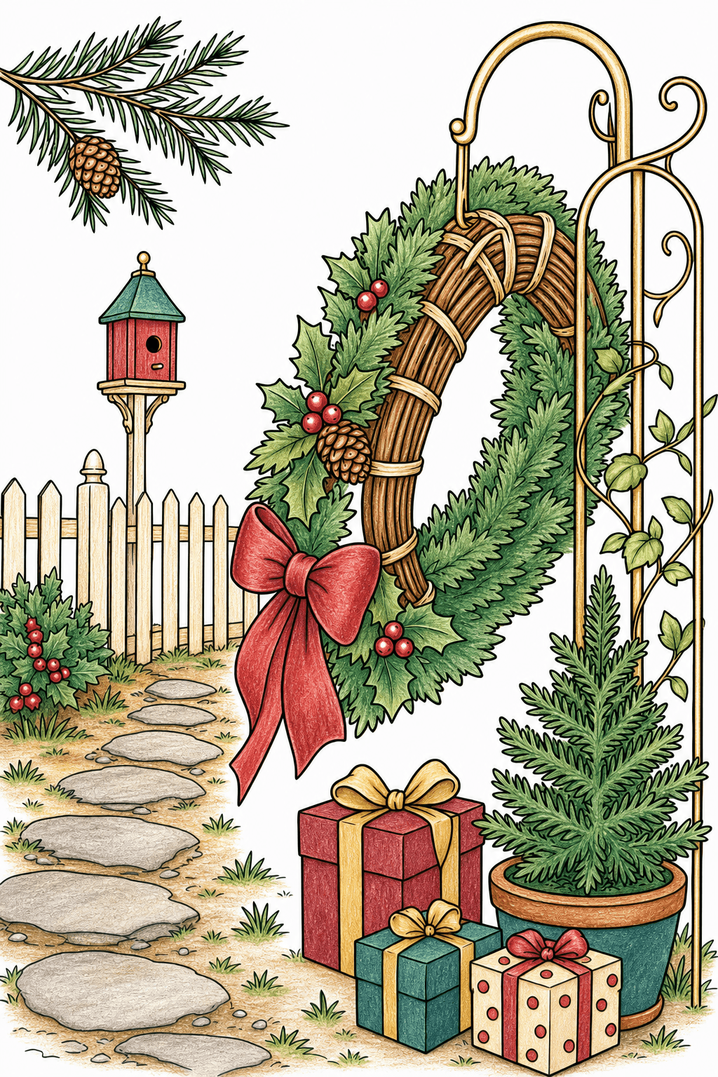 Christmas Wreath on a Garden Trellis colored-pencil colorized preview