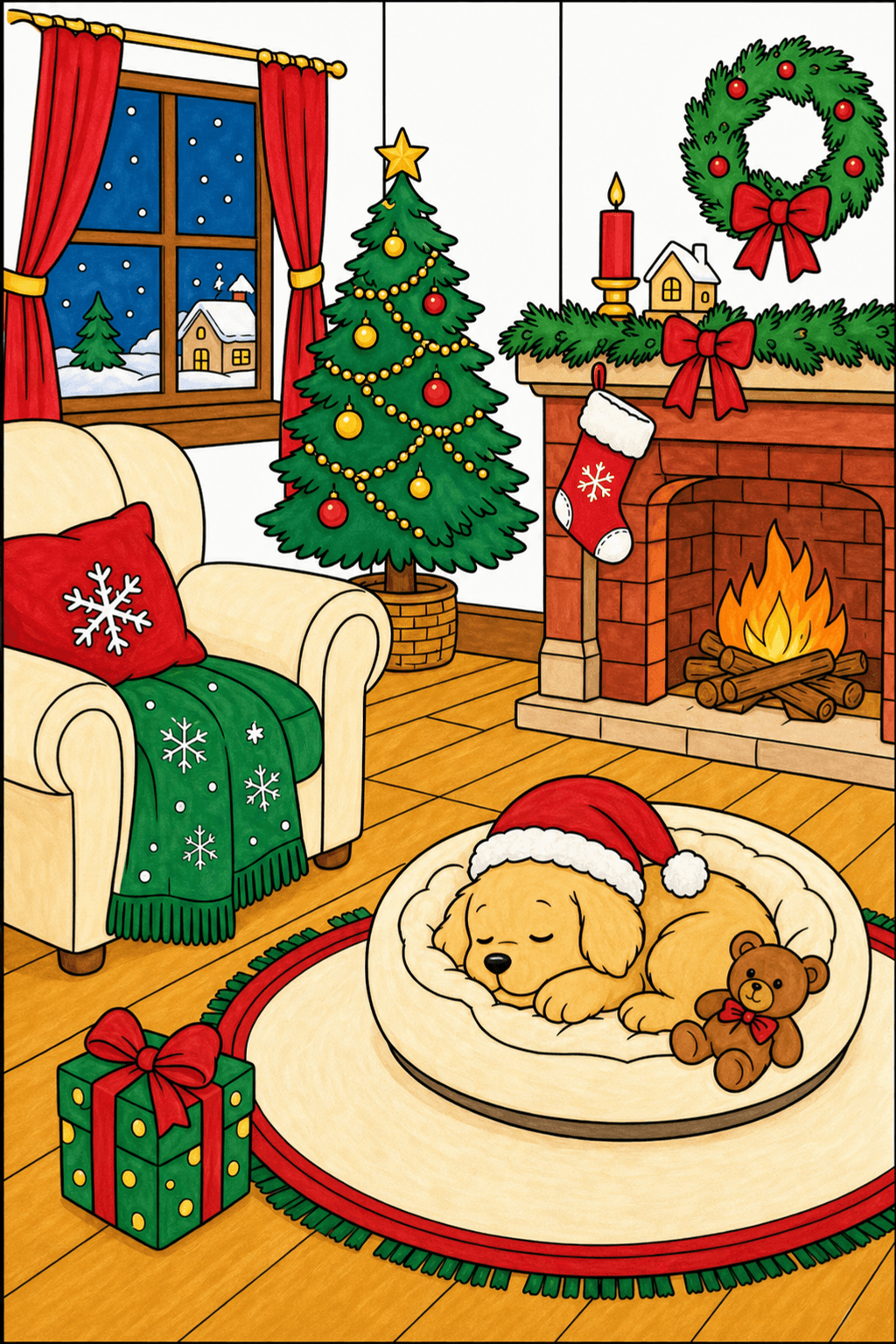 Sleeping Puppy in a Christmas Living Room marker colorized preview