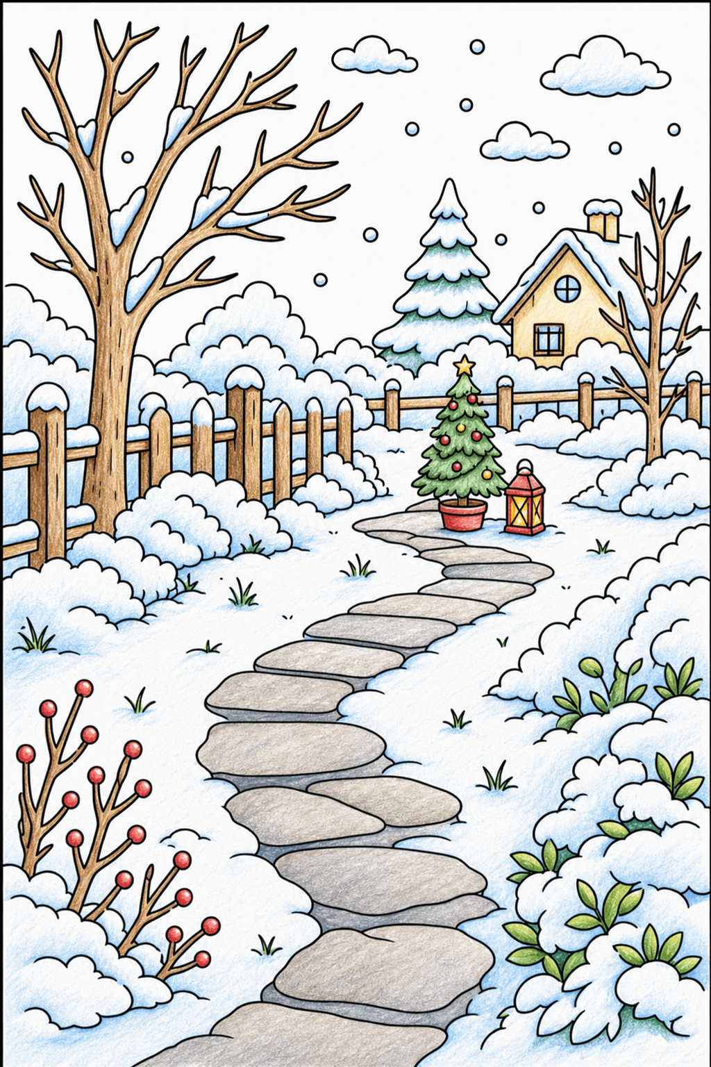 Snowy Garden Path to a Potted Christmas Tree colored-pencil colorized preview