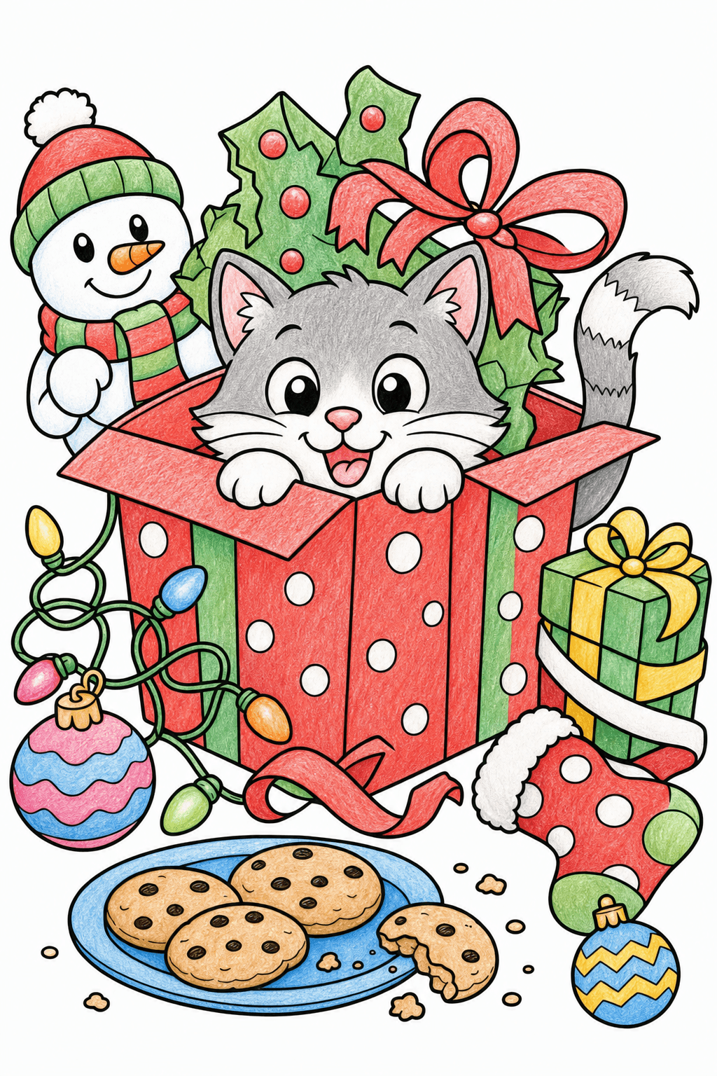 Funny Christmas Cat Hiding Inside Gift Box colored-pencil colorized preview