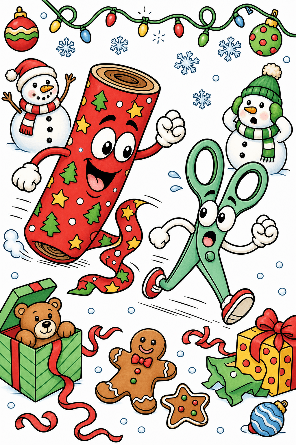 Funny Christmas Gift Wrap Roll Chasing Scissors storybook colorized preview