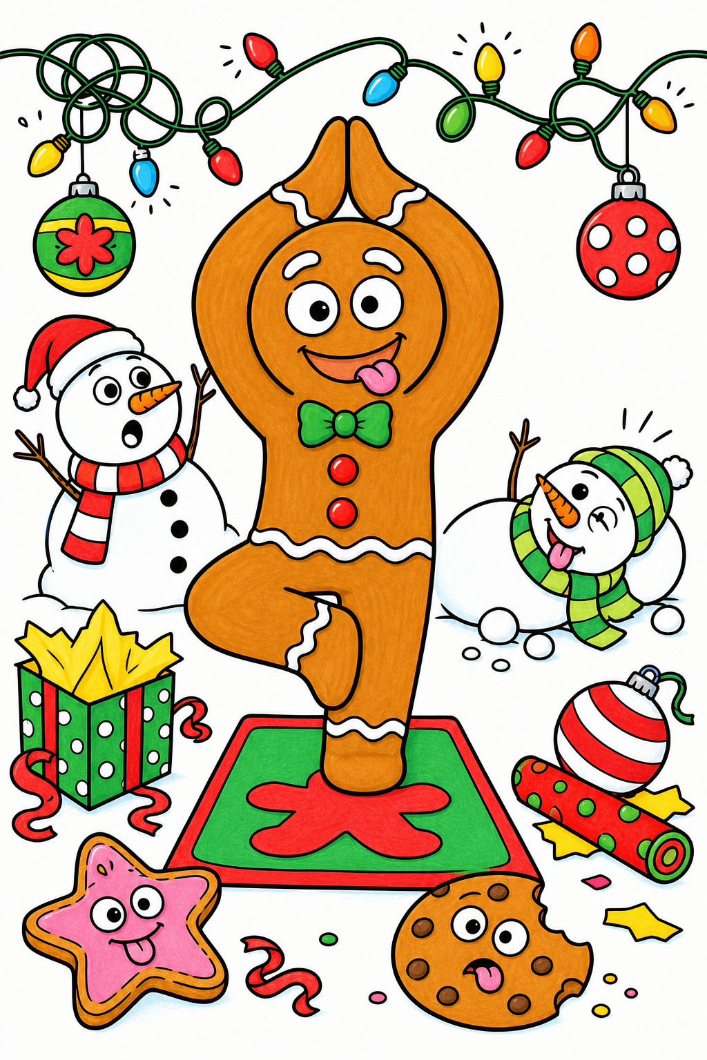 Funny Christmas Gingerbread Cookie Doing Yoga marker colorized preview