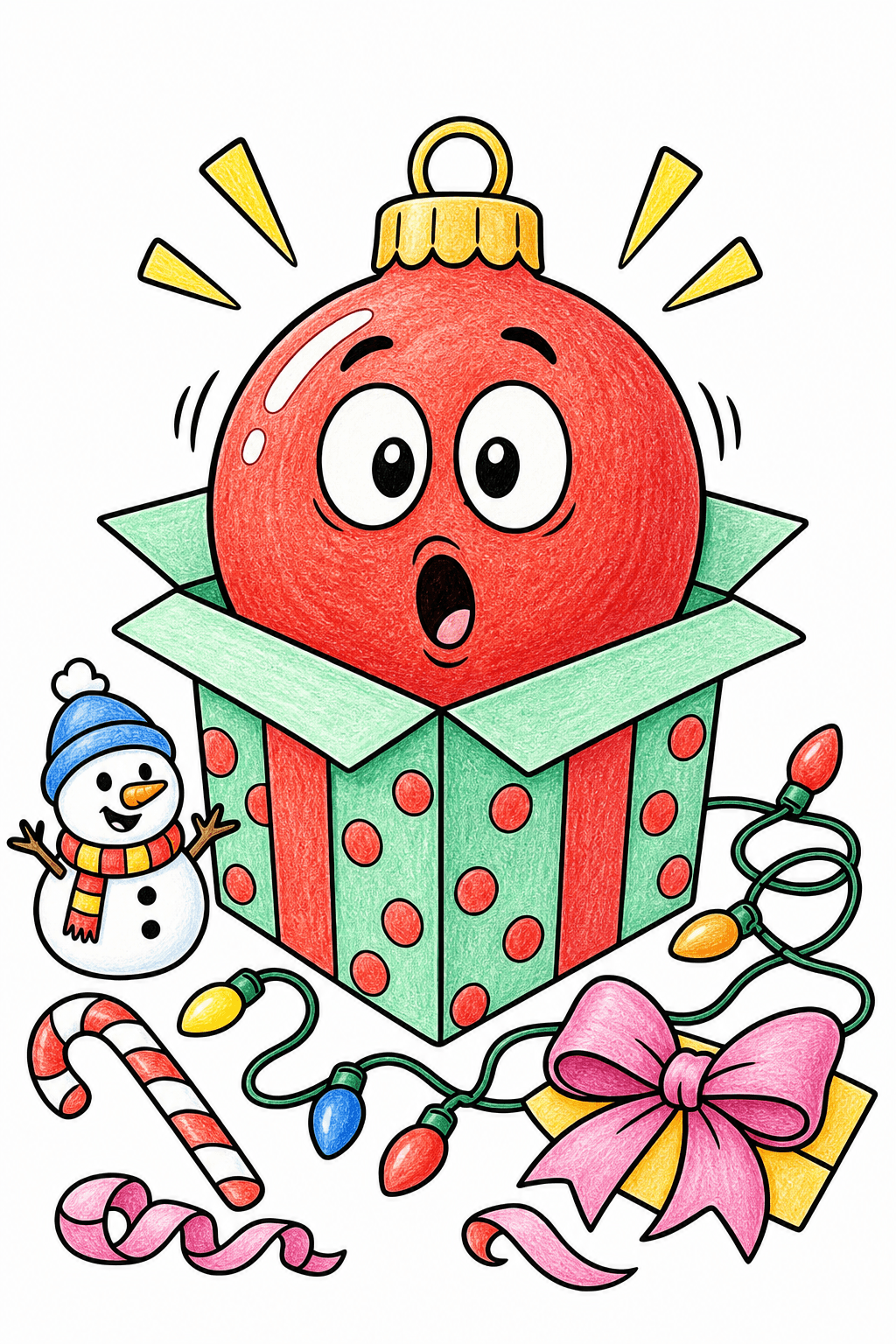 Funny Christmas Ornament with Surprised Face in Box colored-pencil colorized preview