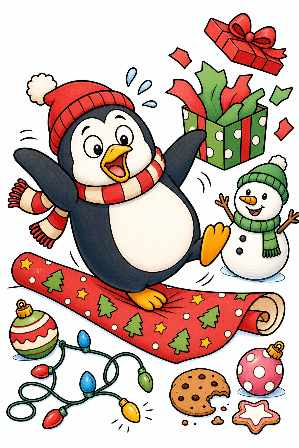 Funny Christmas Penguin Slipping on Wrapping Paper storybook colorized preview
