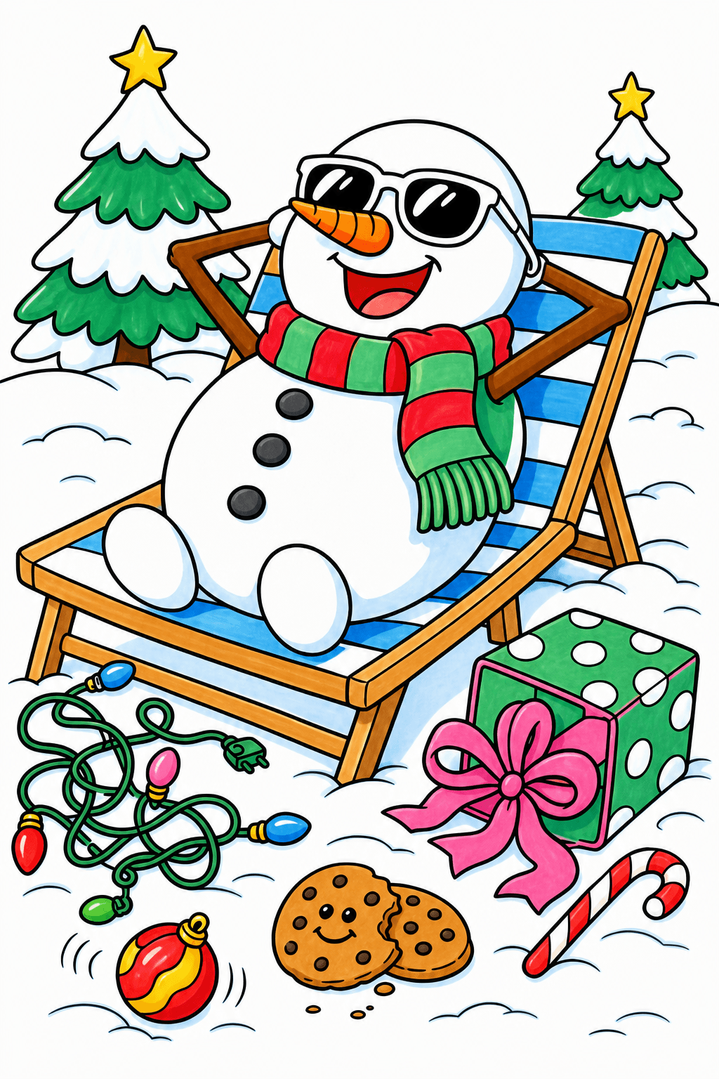 Funny Christmas Snowman Sunbathing in Winter Scarf marker colorized preview