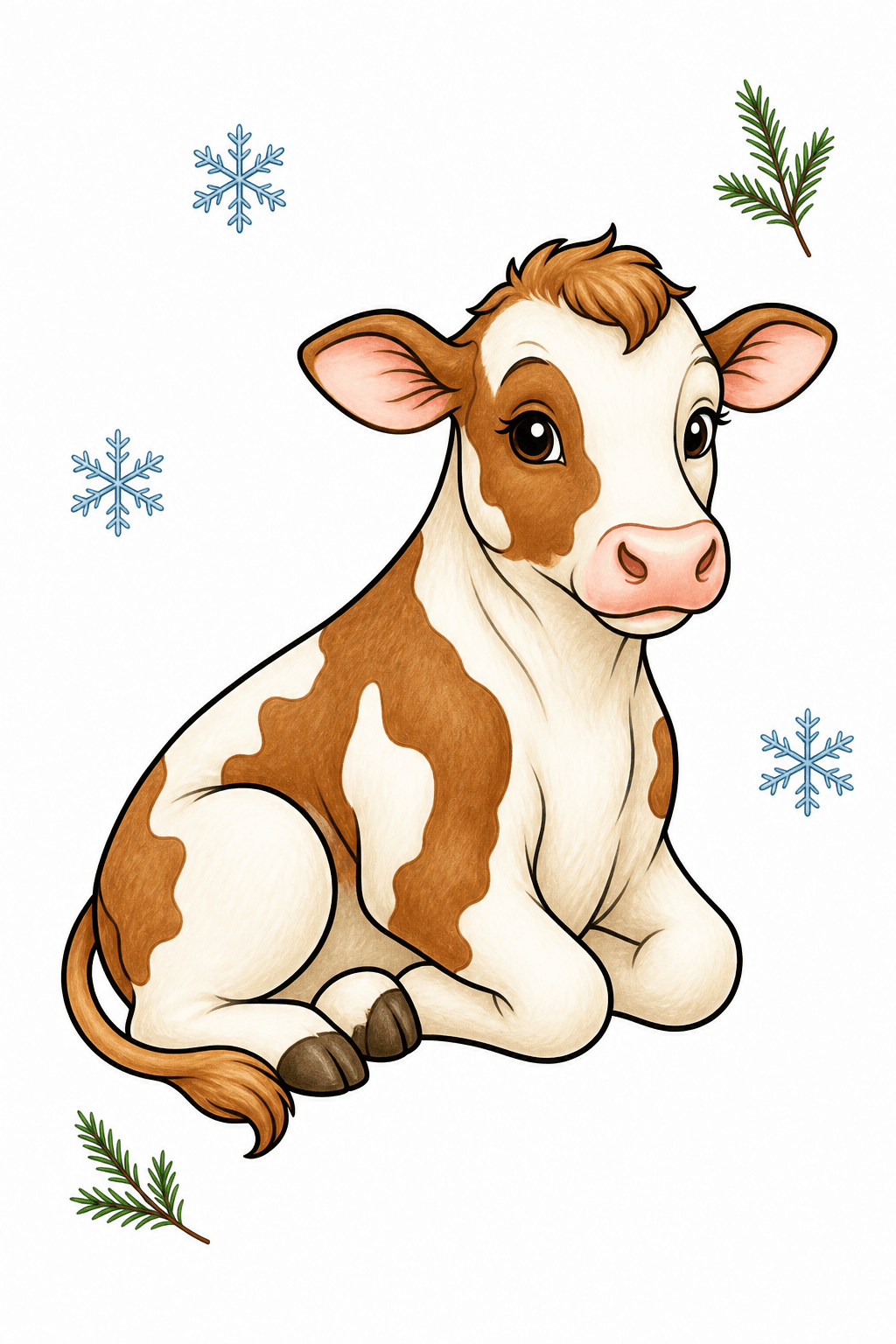 Seated Christmas Calf with Snowflakes storybook colorized preview