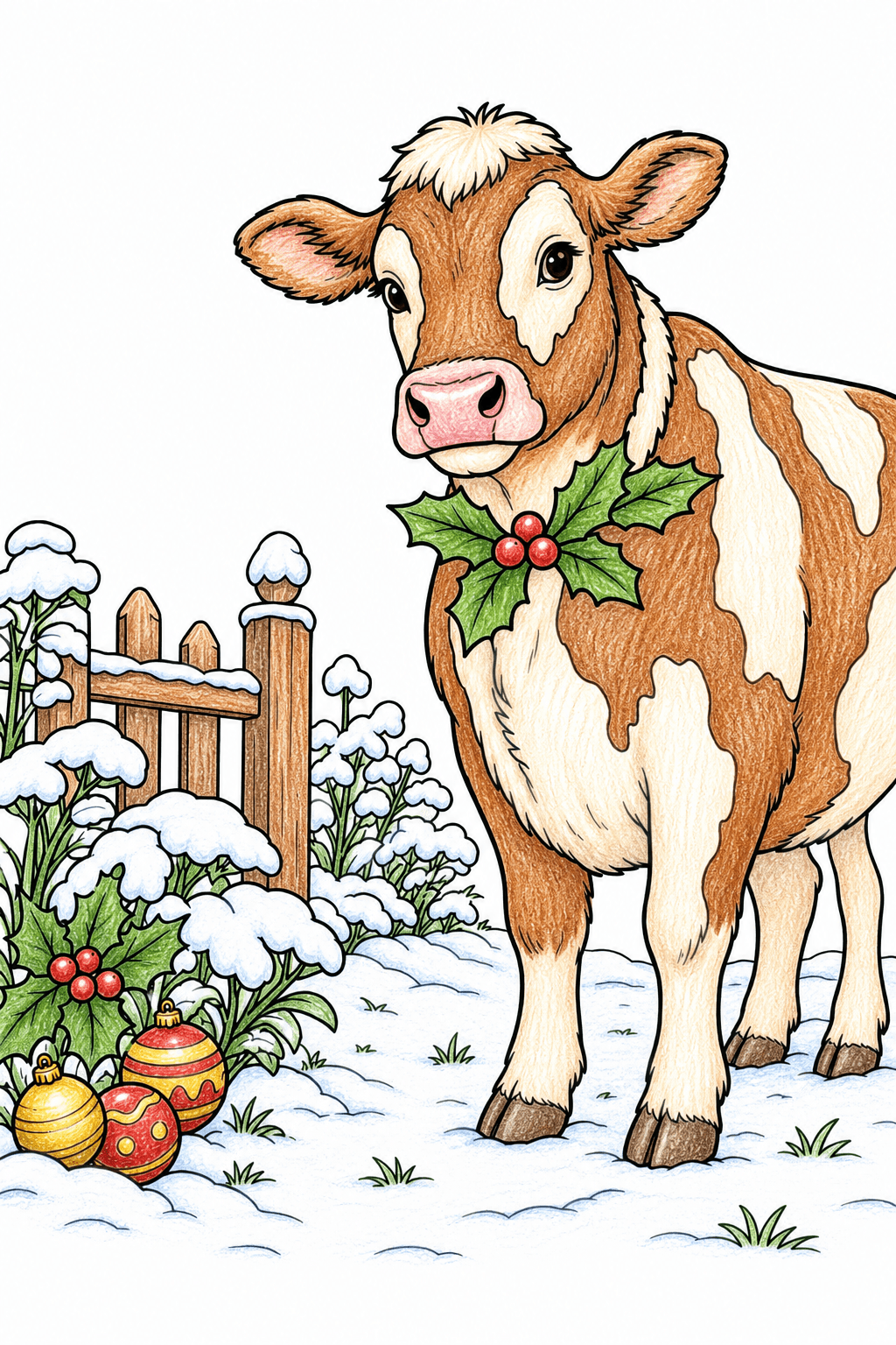 Christmas Cow in a Snowy Garden colored-pencil colorized preview