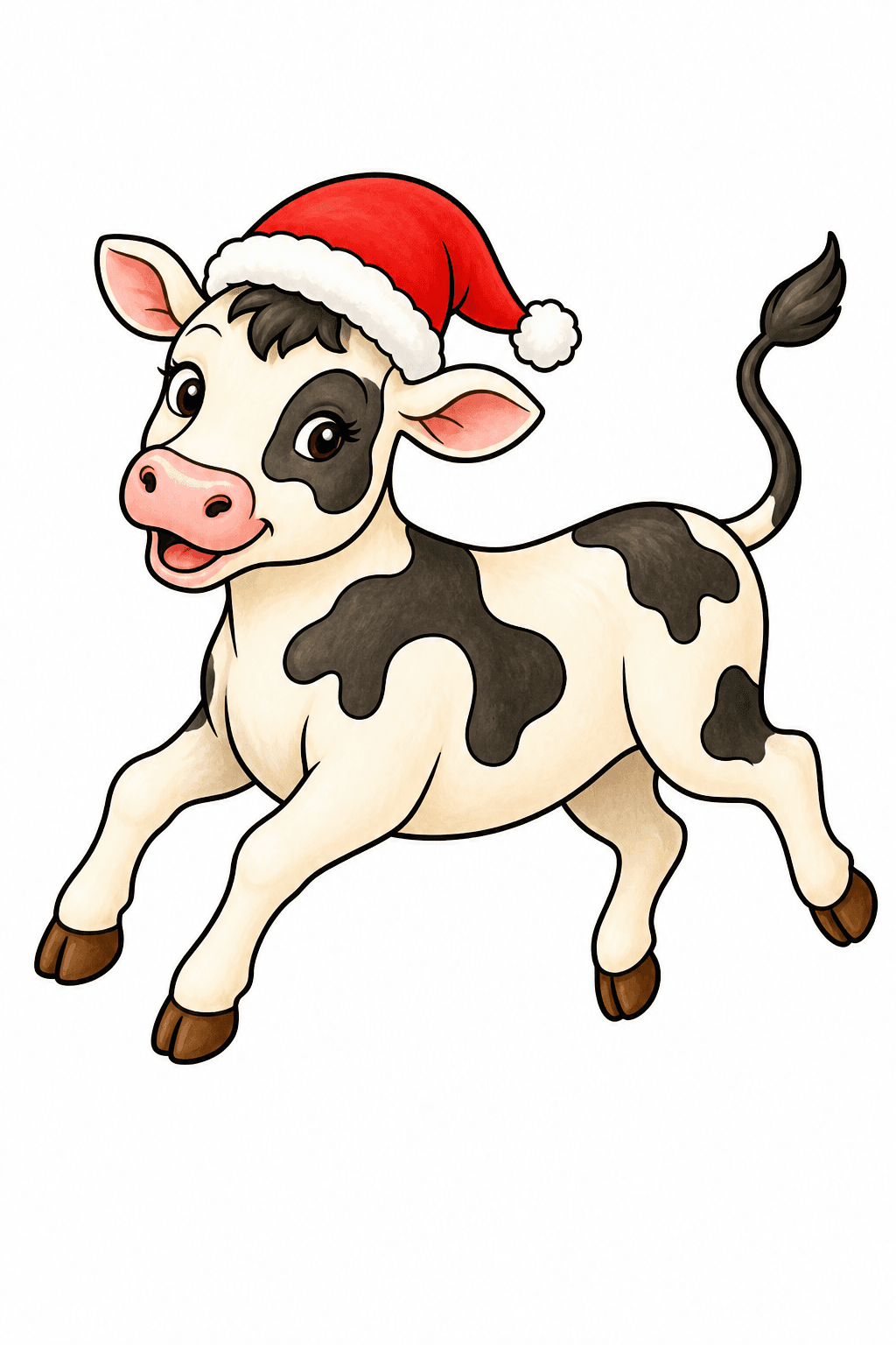 Playful Christmas Cow in a Santa Hat storybook colorized preview