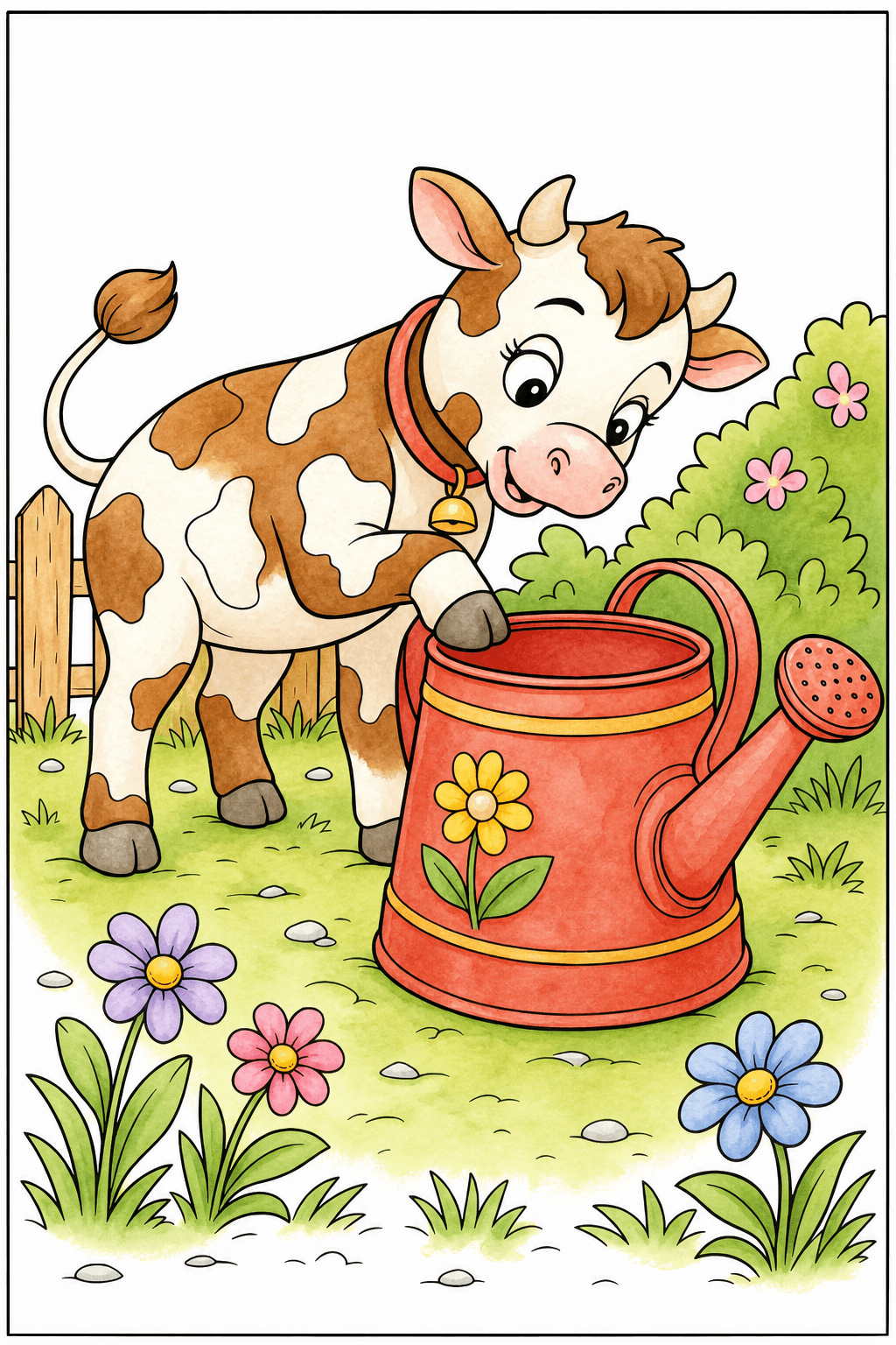 Cow and Watering Can Coloring Page watercolor colorized preview