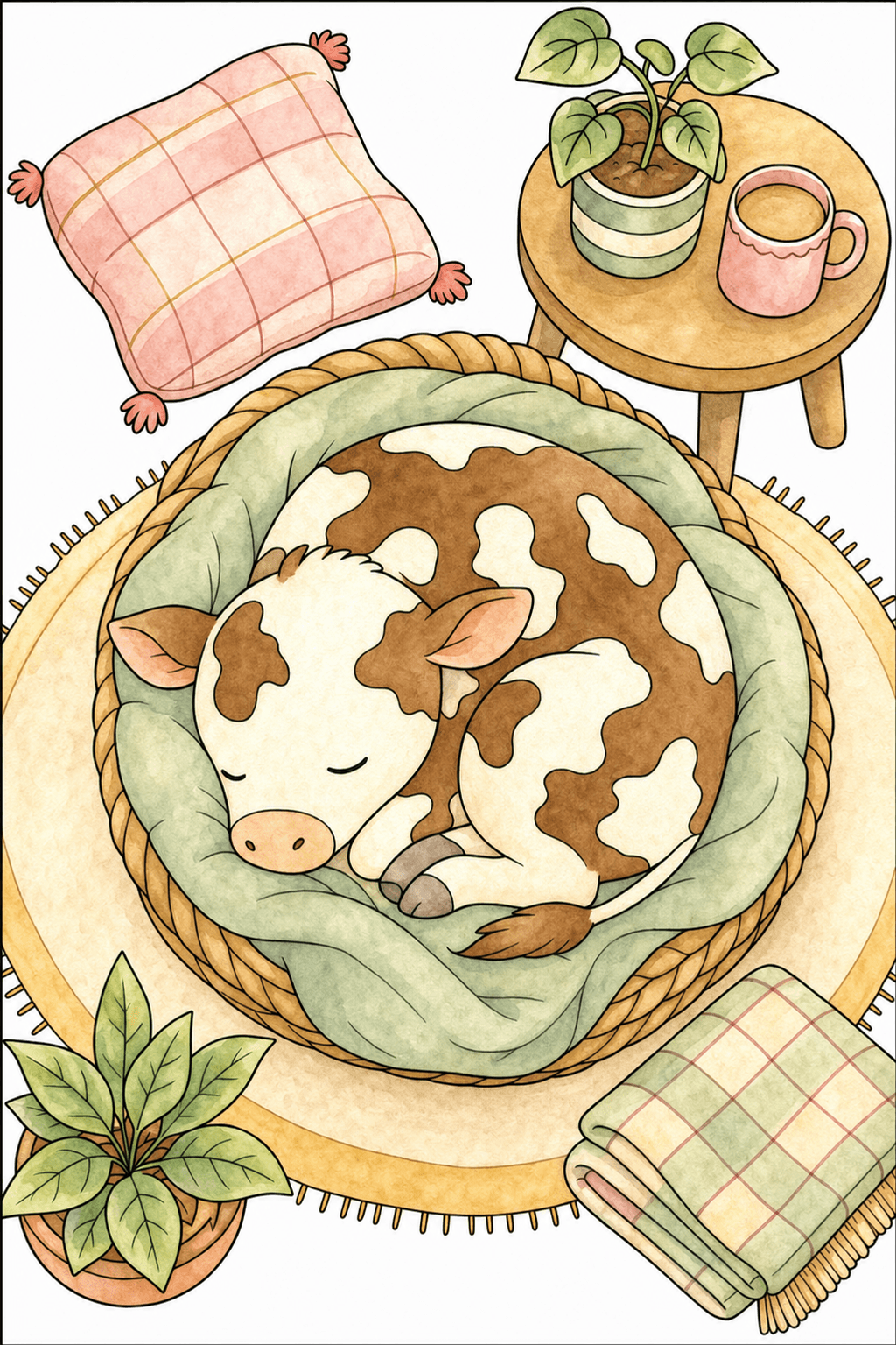 Sleeping Cow Curled Up in a Basket watercolor colorized preview