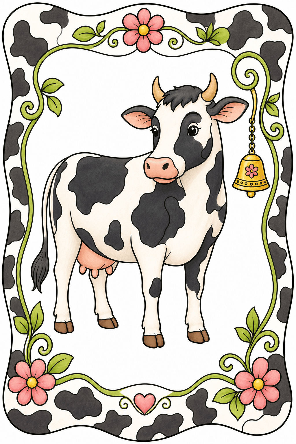 Spotted Cow Framed by Flowers and Vines storybook colorized preview
