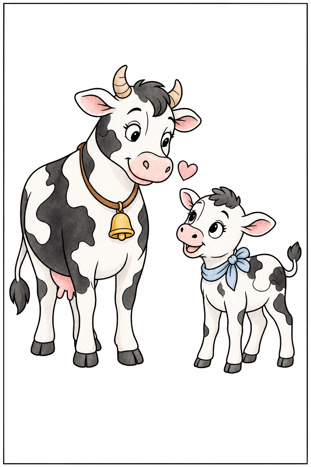 Cow and Calf Sharing a Heart watercolor colorized preview