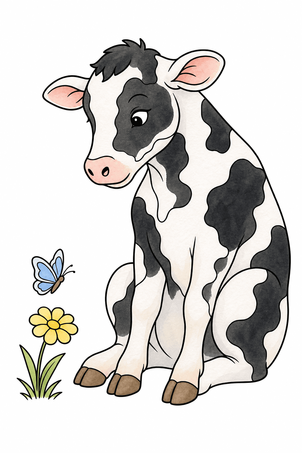 Seated Cow with Butterfly and Flower watercolor colorized preview