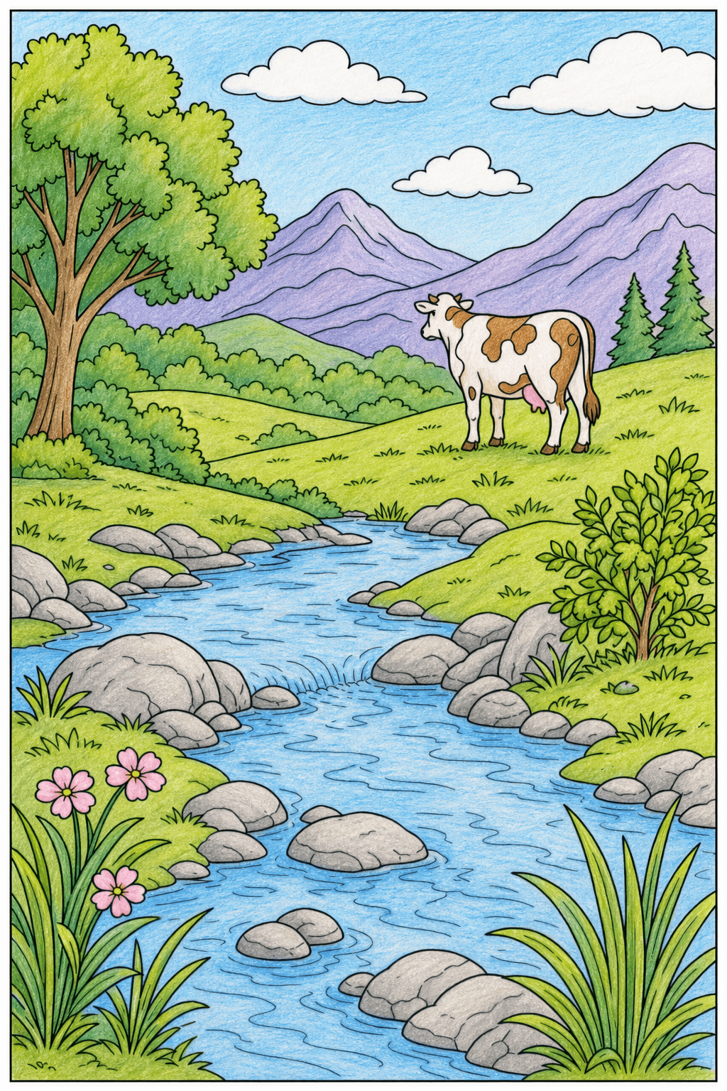Cow in a Mountain Meadow Coloring Page colored-pencil colorized preview