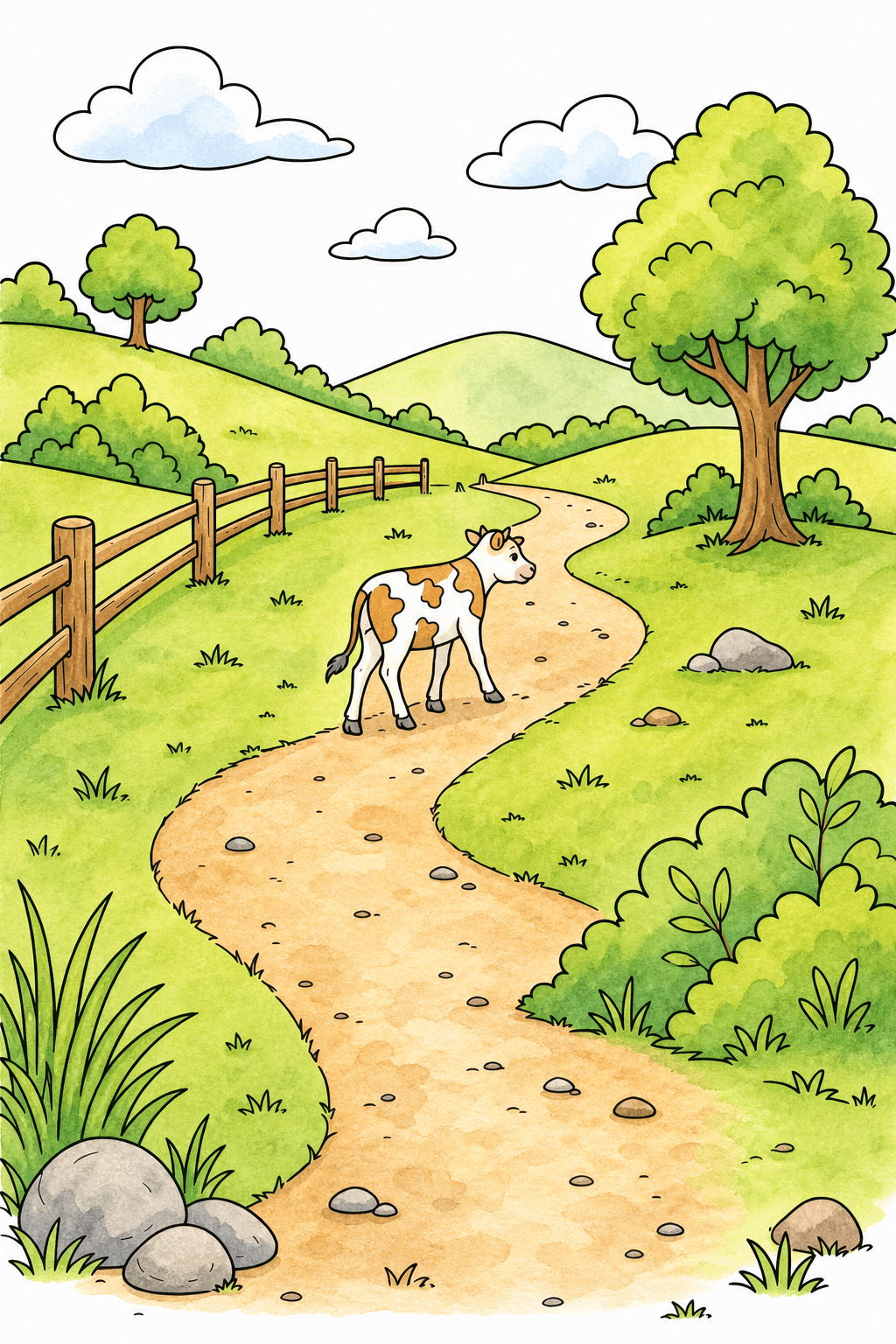 Spotted Cow on an S-Shaped Path watercolor colorized preview