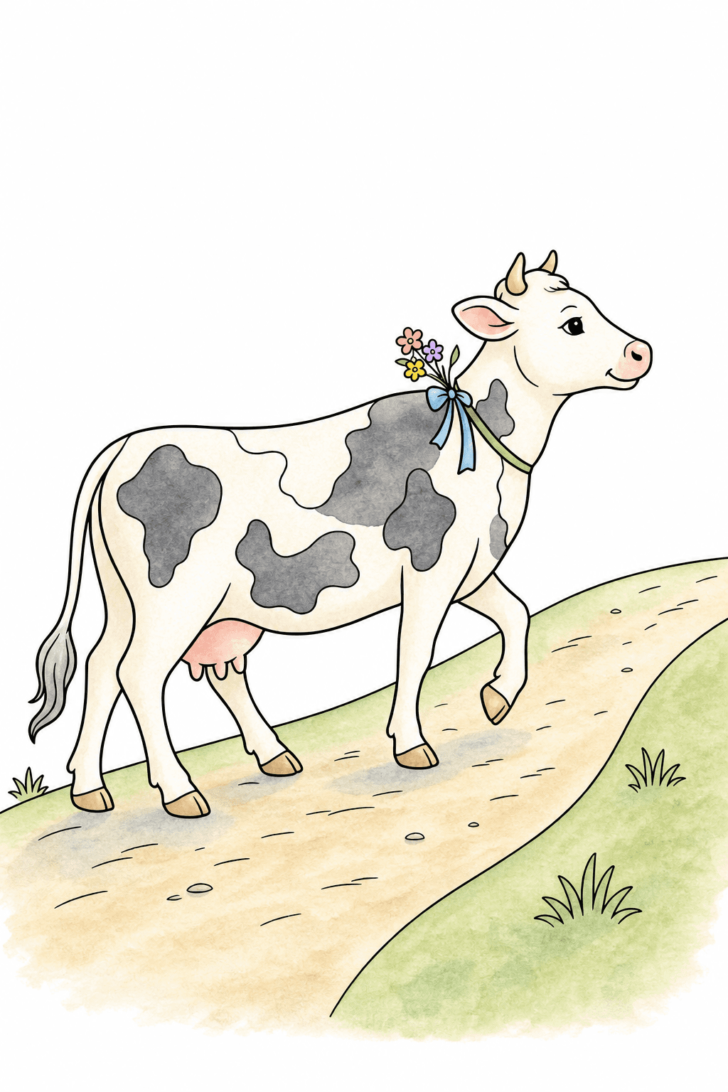 Walking Cow on a Curved Path watercolor colorized preview