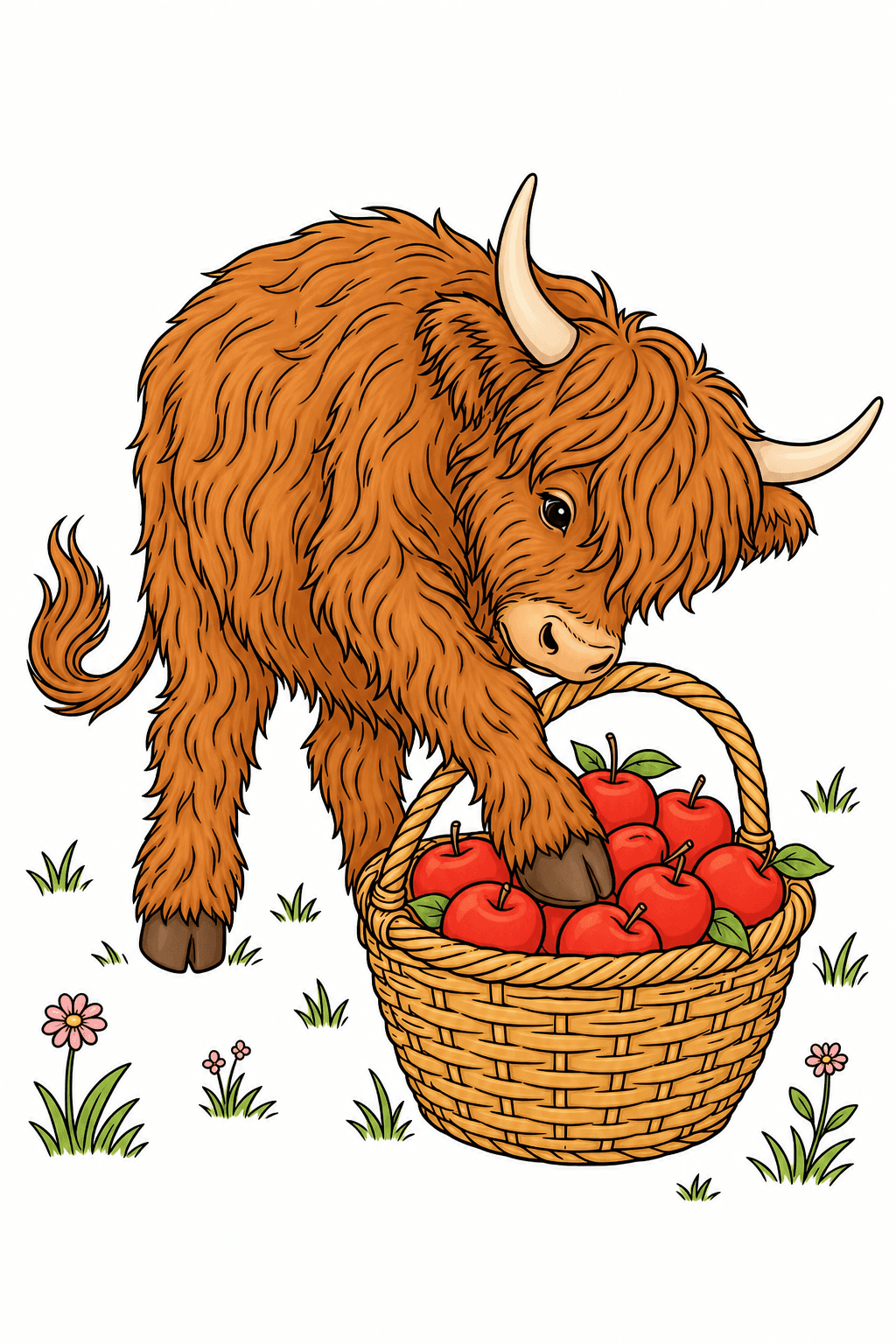Highland Cow Reaching into an Apple Basket clean-digital colorized preview