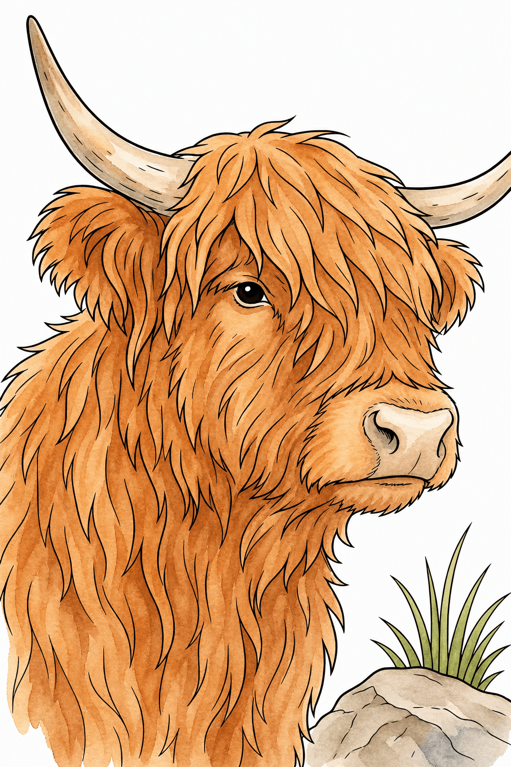 Close-Up Portrait of a Shaggy Highland Cow watercolor colorized preview
