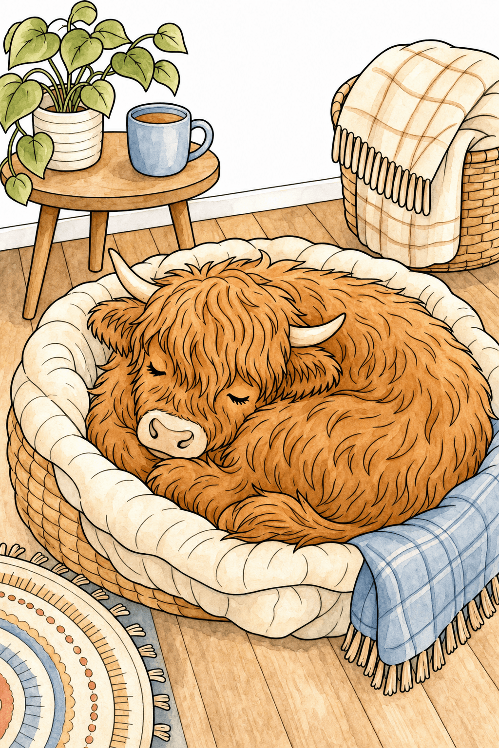 Sleeping Highland Cow Curled Up Indoors watercolor colorized preview