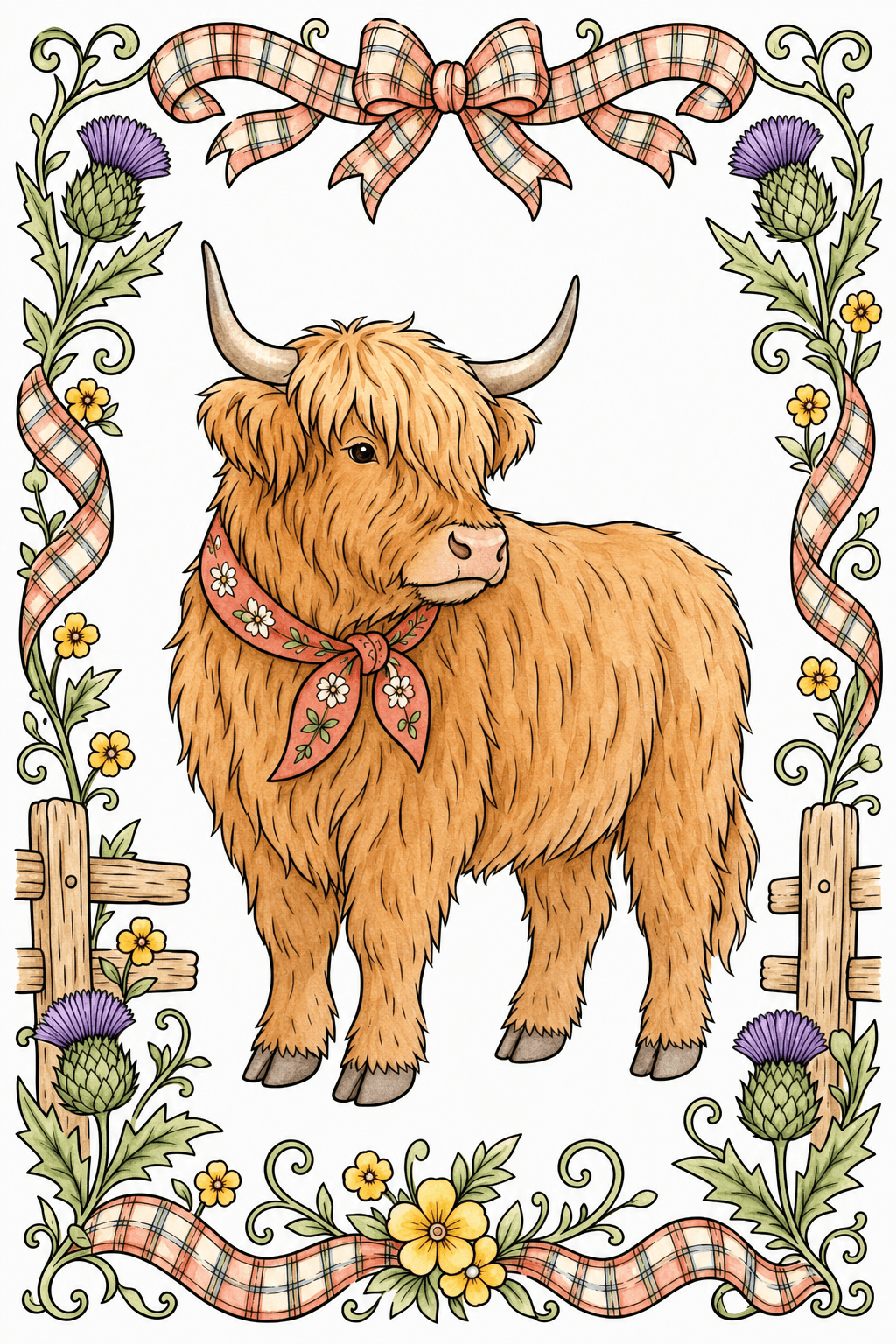 Highland Cow with Floral Ribbon Border watercolor colorized preview