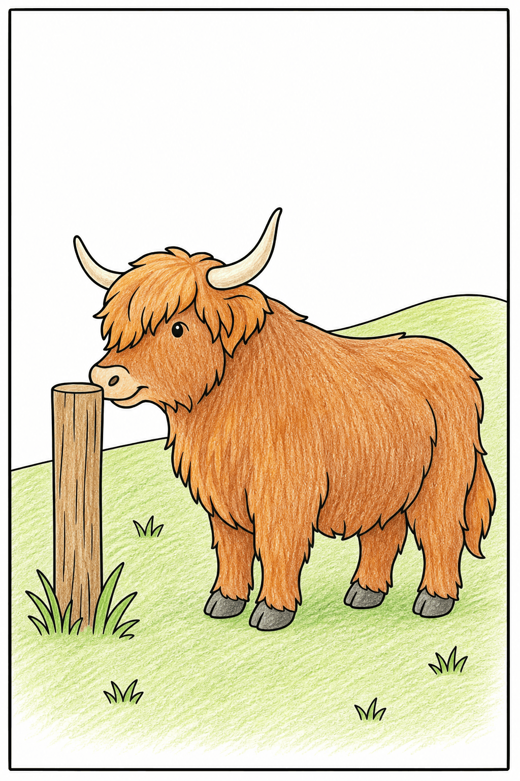 Easy Highland Cow Beside a Fence Post colored-pencil colorized preview