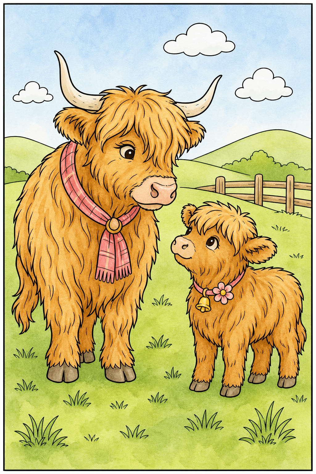 Highland Cow and Calf Together in a Pasture watercolor colorized preview