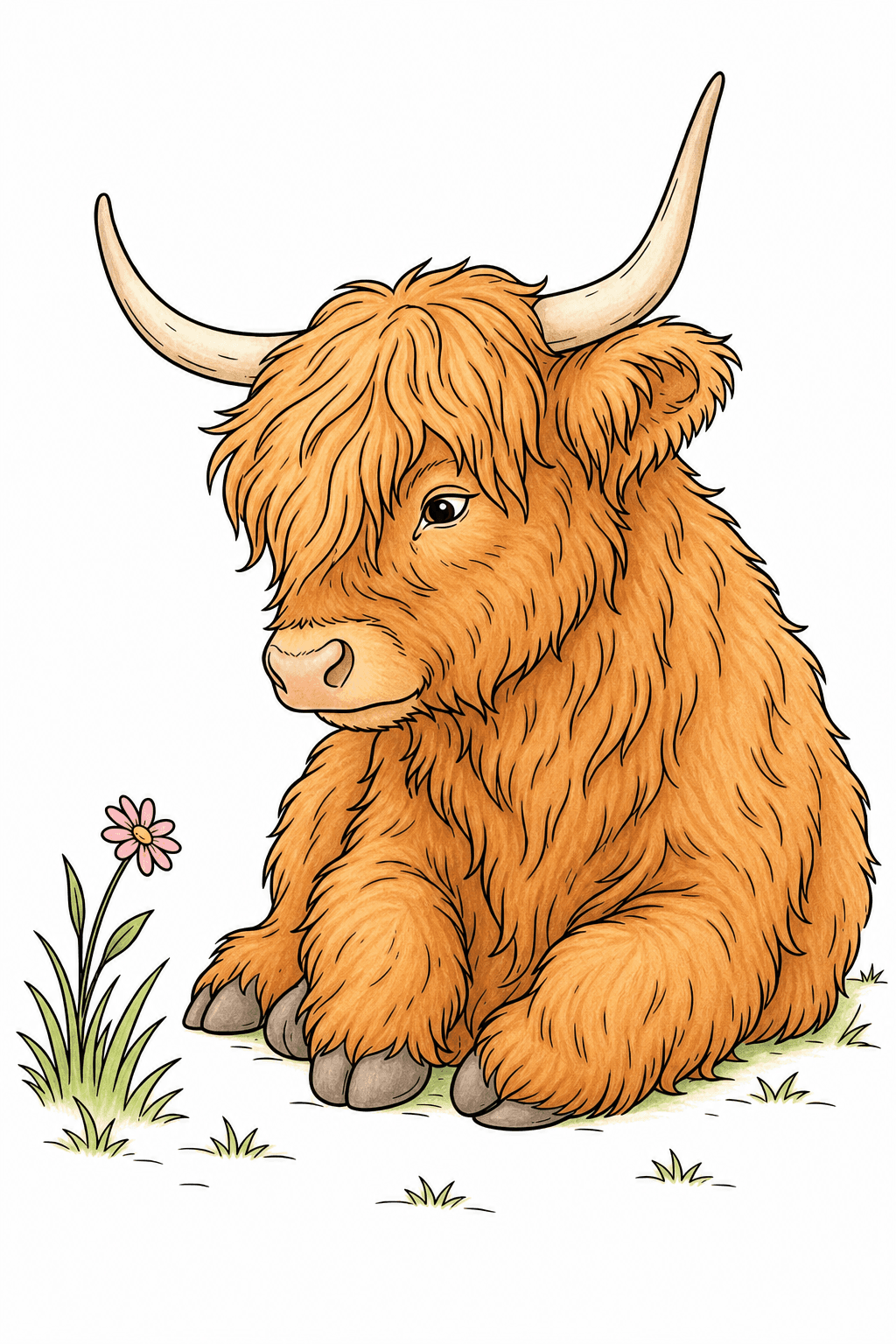 Seated Highland Cow Calf with a Flower storybook colorized preview