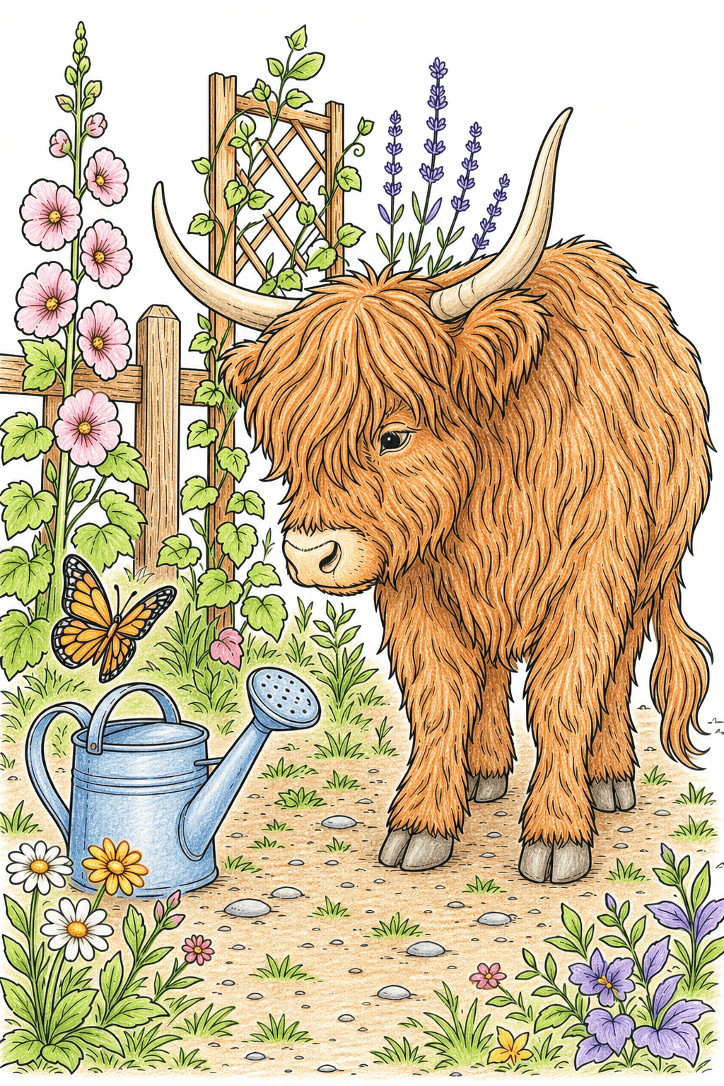 Highland Cow Beside a Garden Watering Can colored-pencil colorized preview
