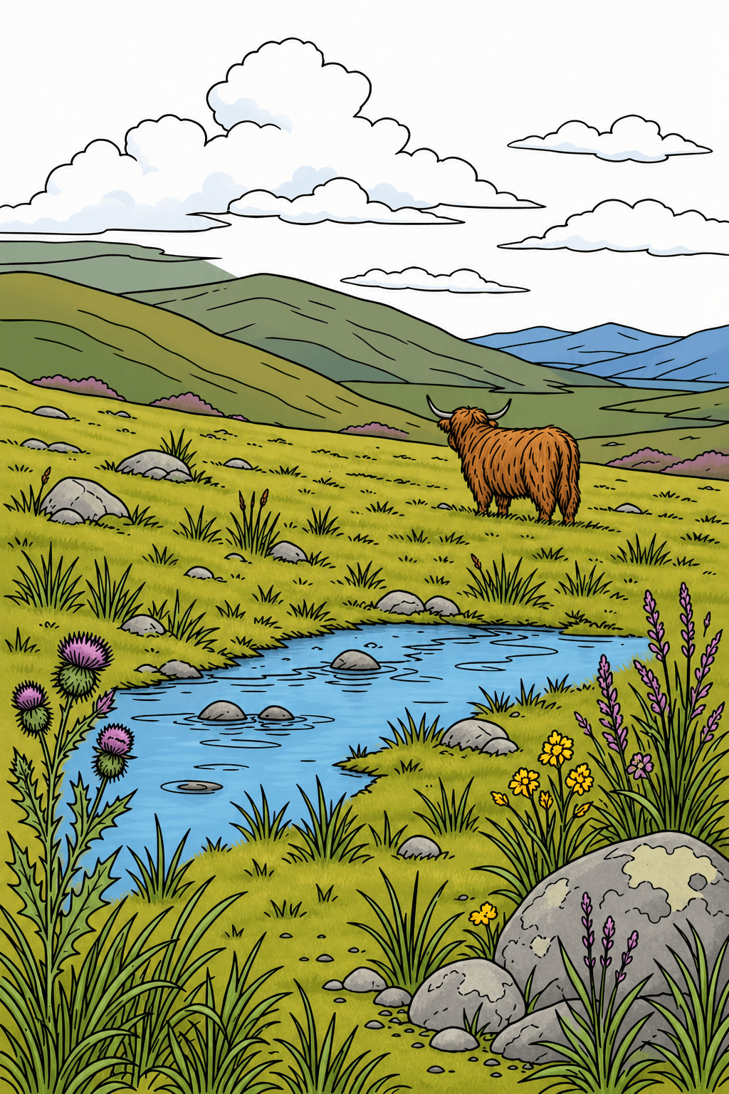 Highland Cow in a Mountain Stream Landscape clean-digital colorized preview
