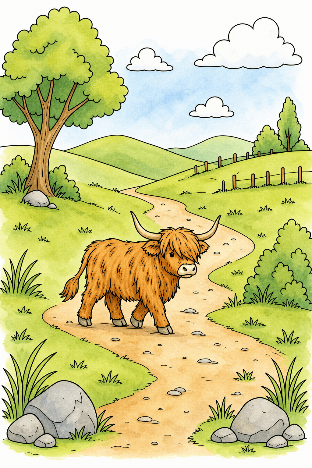 Highland Cow on a Winding Country Path watercolor colorized preview