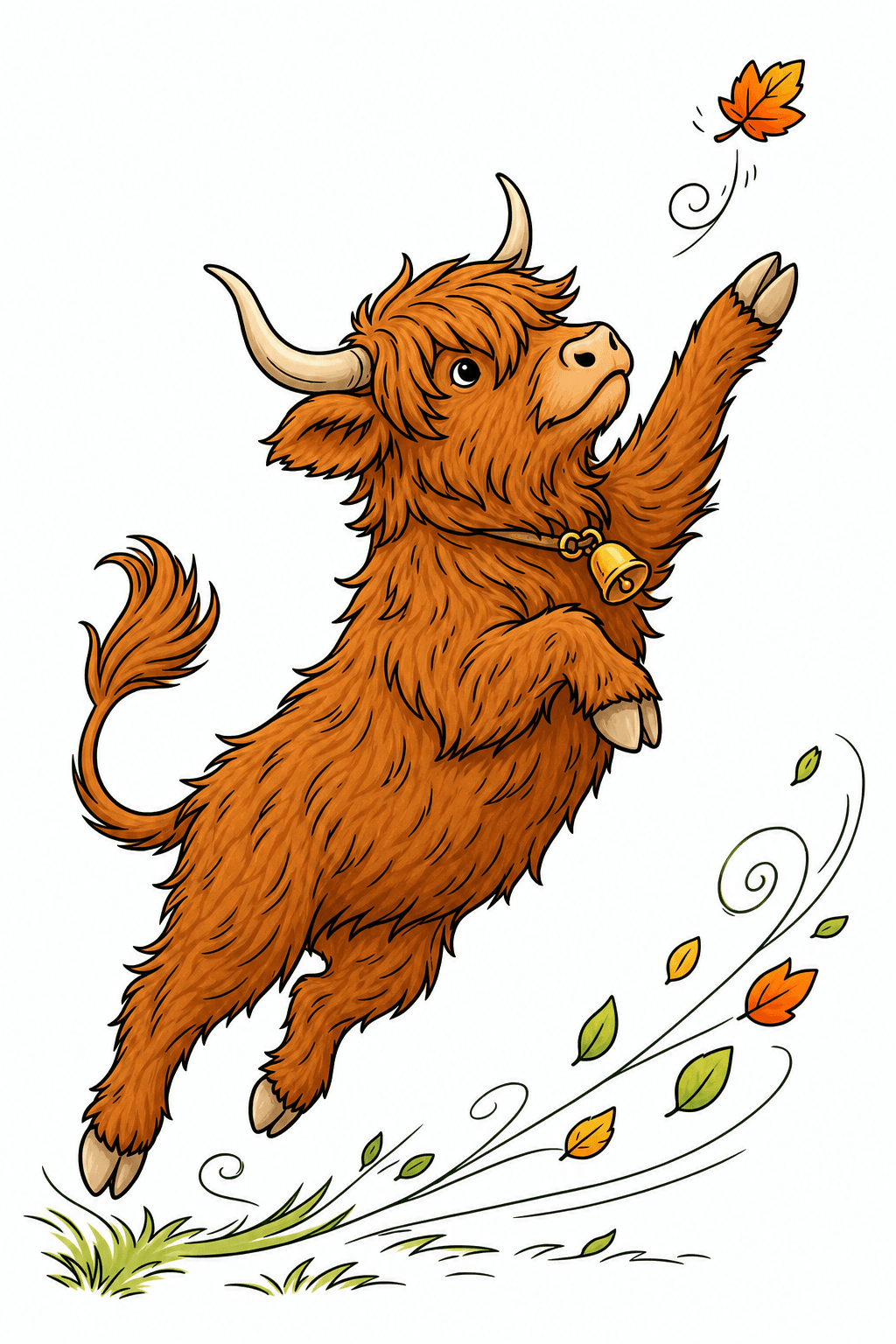 Highland Cow Reaching for a Drifting Leaf clean-digital colorized preview