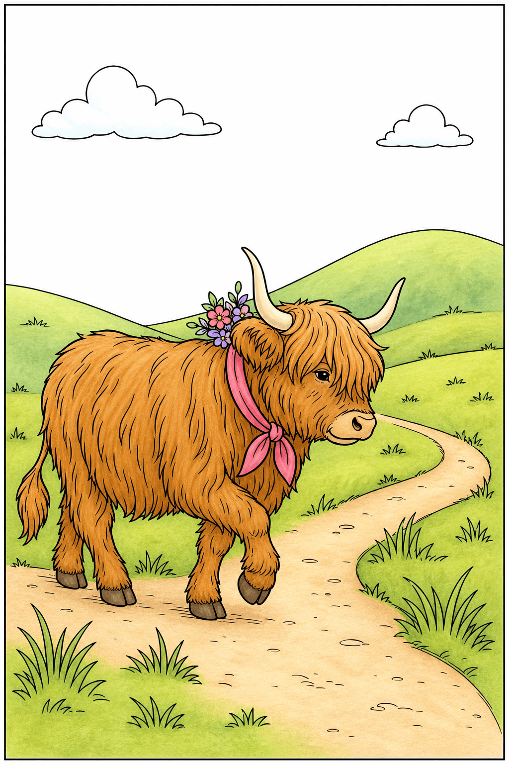 Highland Cow Walking Along a Winding Path storybook colorized preview