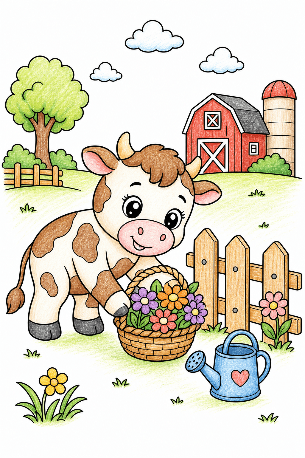 Cow Tending Flowers in a Farmyard colored-pencil colorized preview