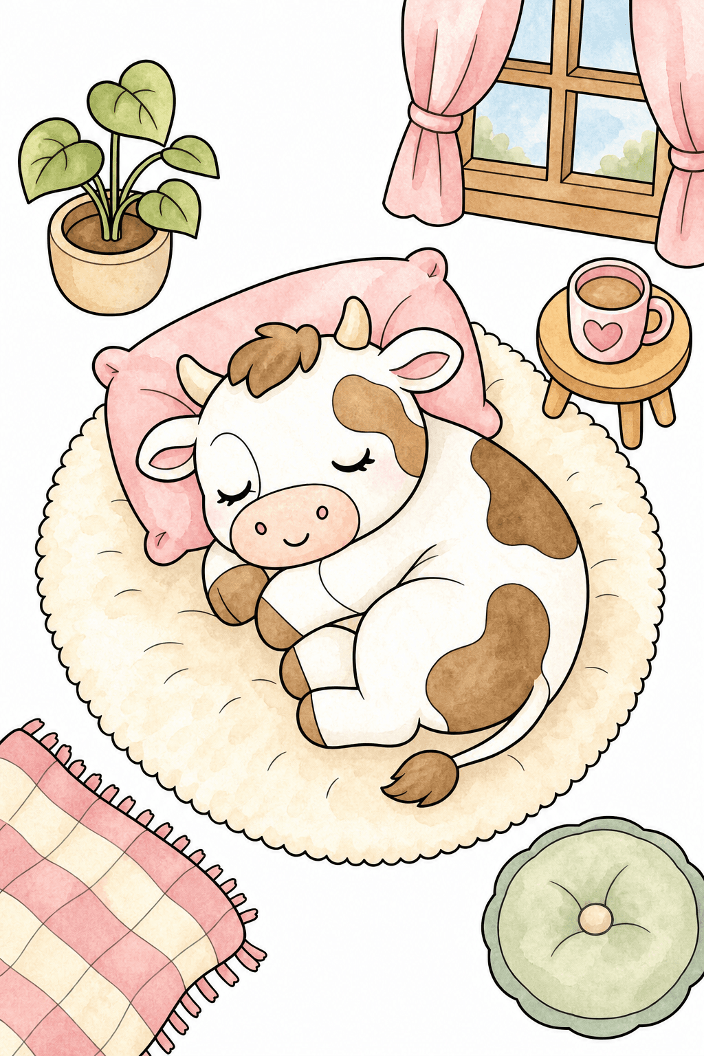 Sleeping Kawaii Cow on a Fluffy Rug watercolor colorized preview