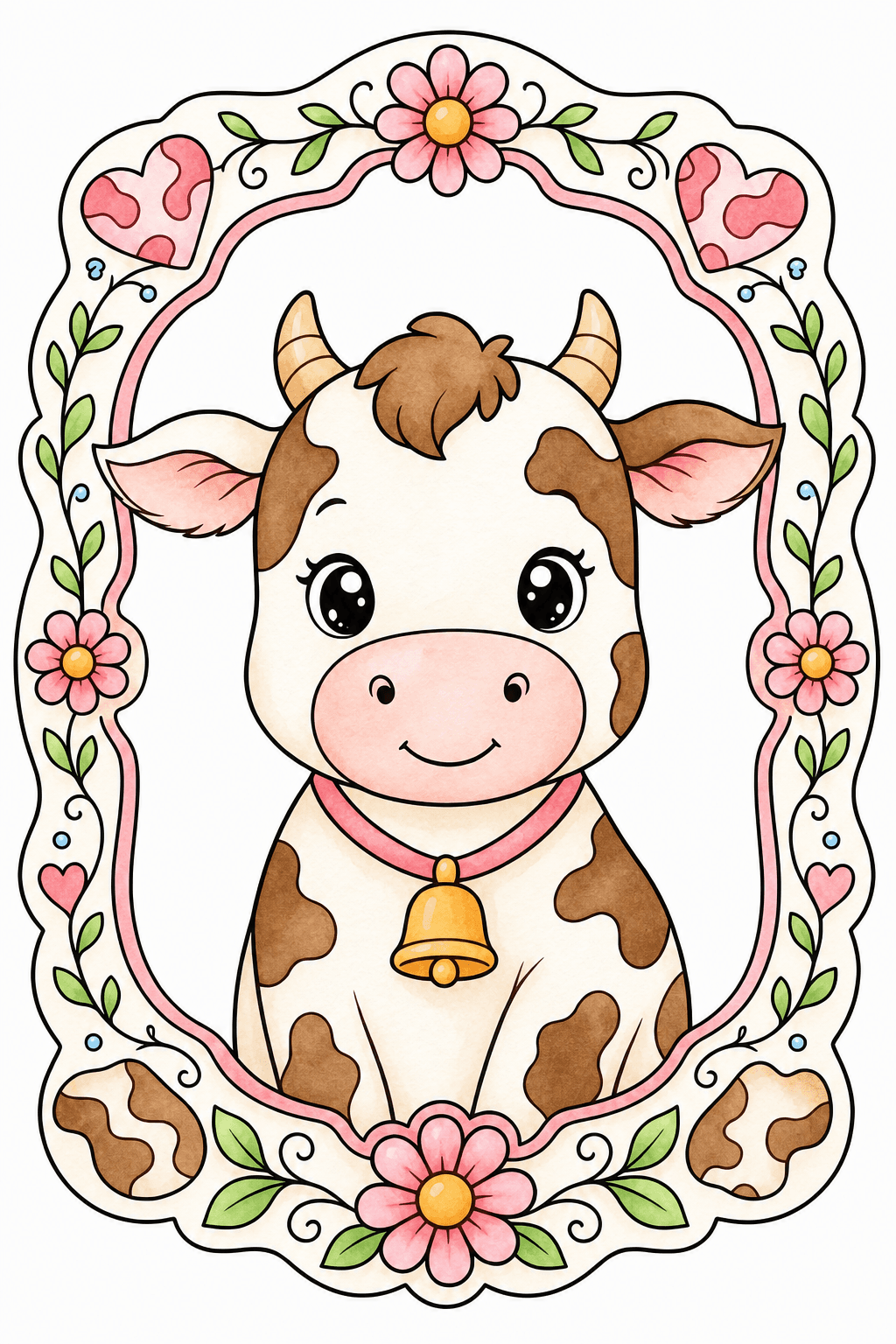 Kawaii Cow in a Floral Frame watercolor colorized preview