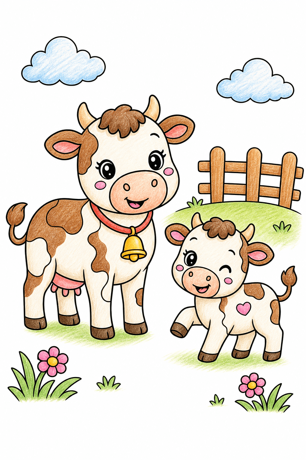 Cow and Playful Calf in a Pasture colored-pencil colorized preview