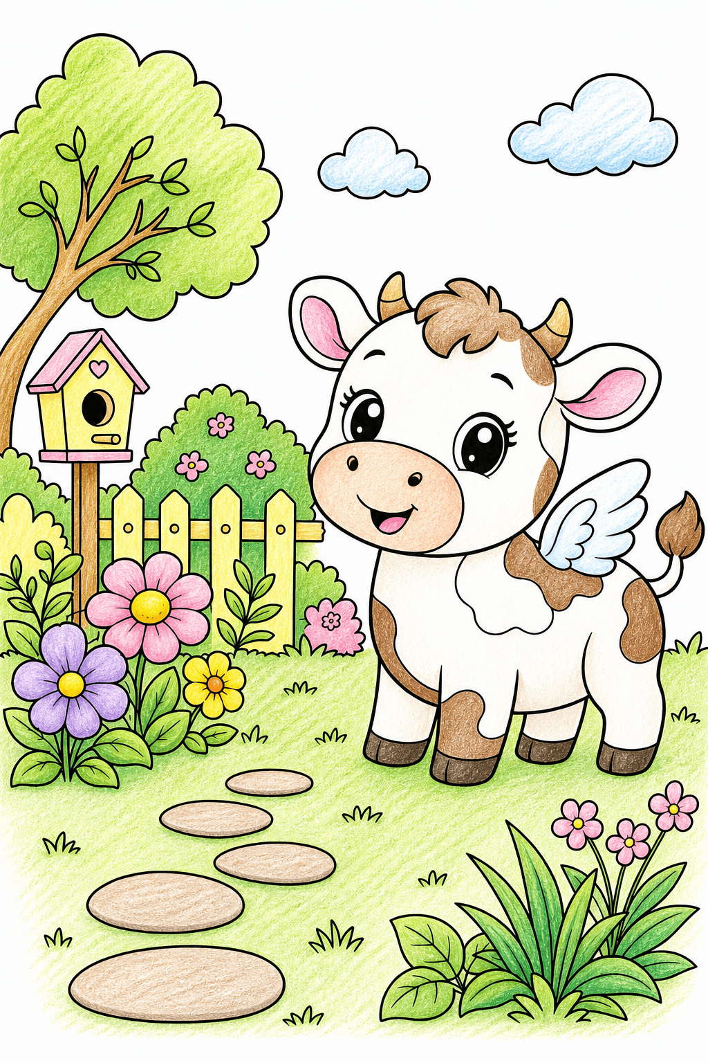 Winged Kawaii Cow in a Garden colored-pencil colorized preview