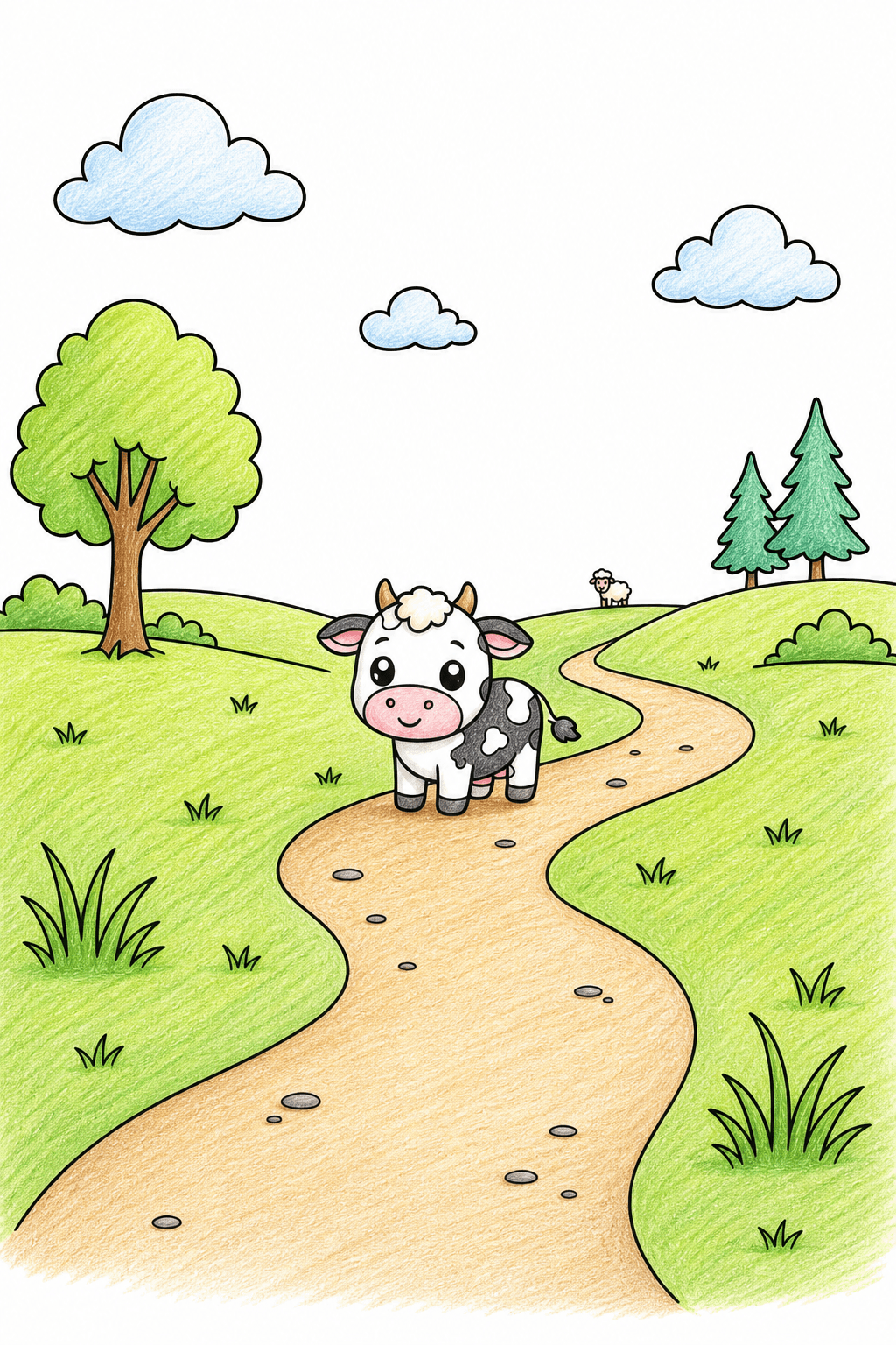 Kawaii Cow on a Country Path colored-pencil colorized preview