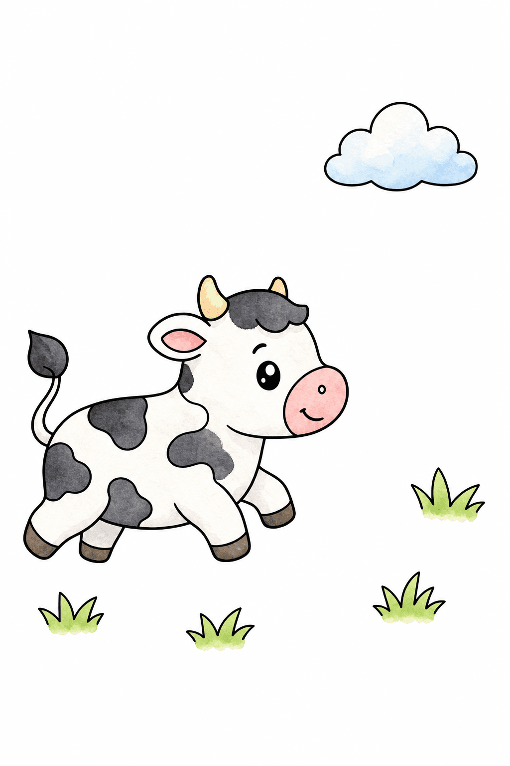Kawaii Cow Walking Through Grass watercolor colorized preview
