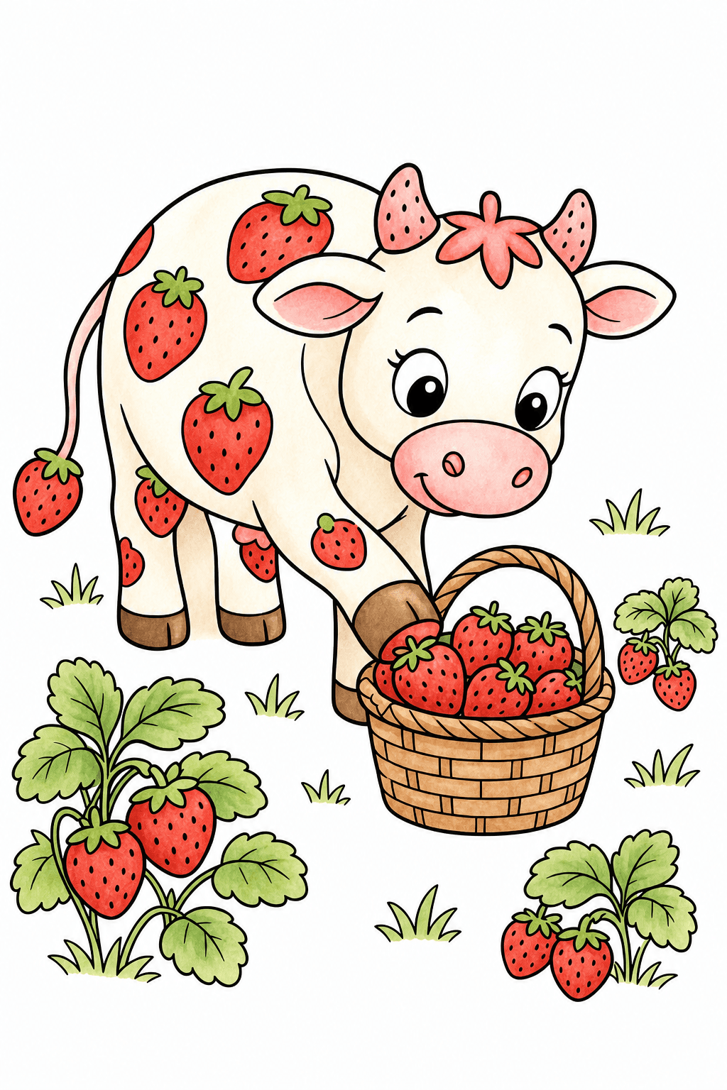 Cow Reaching into a Strawberry Basket watercolor colorized preview