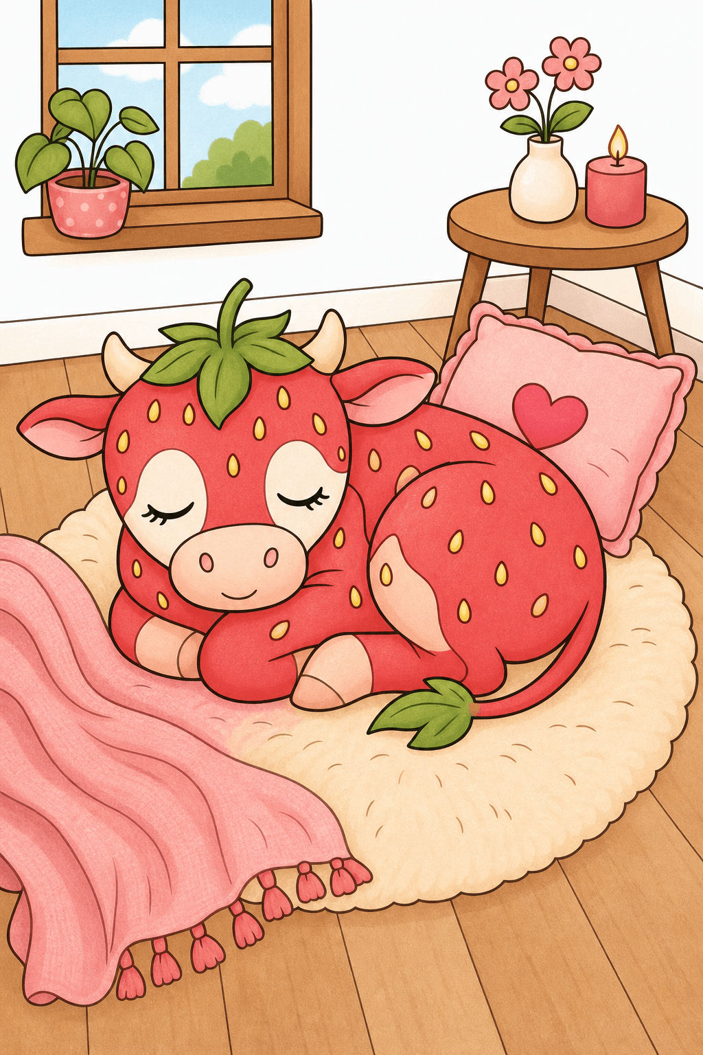 Sleeping Strawberry Cow in a Cozy Room storybook colorized preview