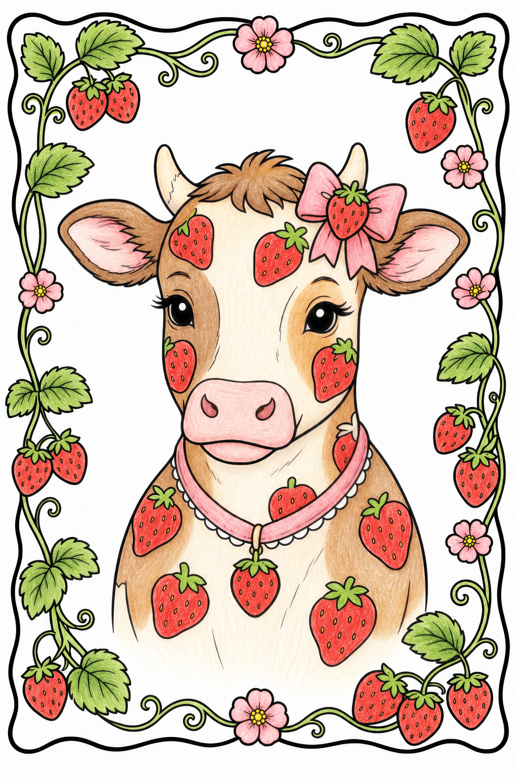 Strawberry Cow Portrait in a Floral Frame colored-pencil colorized preview