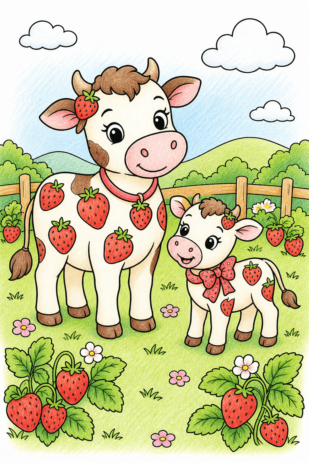 Strawberry Cow Family in a Farm Field colored-pencil colorized preview