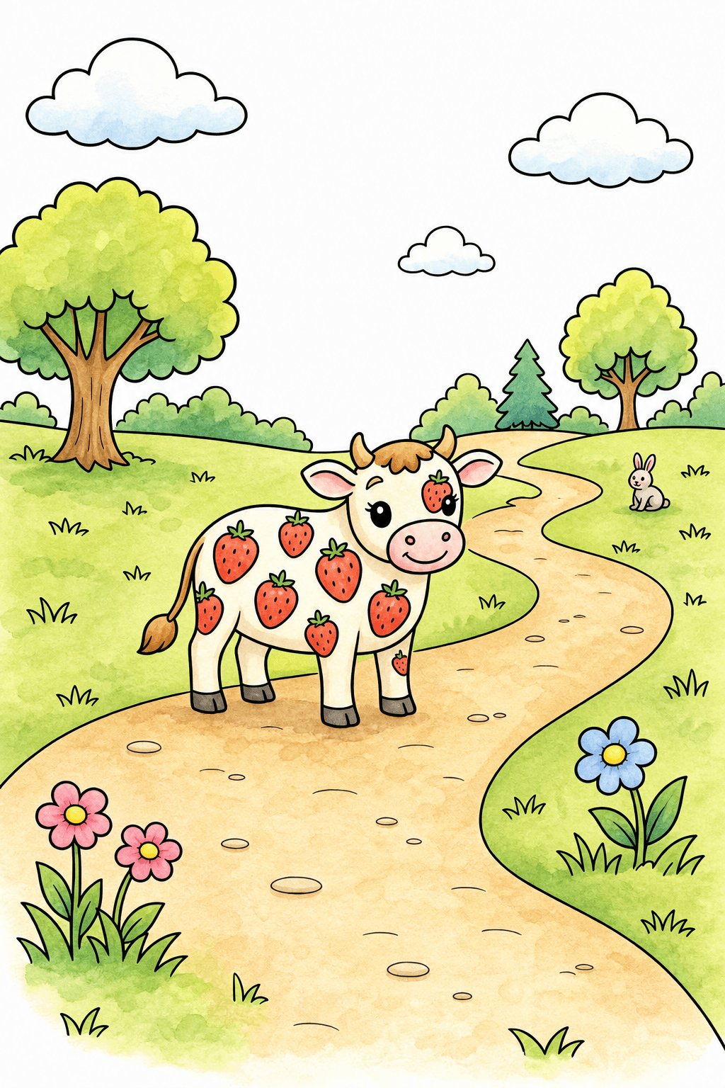 Strawberry Cow on a Countryside Path watercolor colorized preview