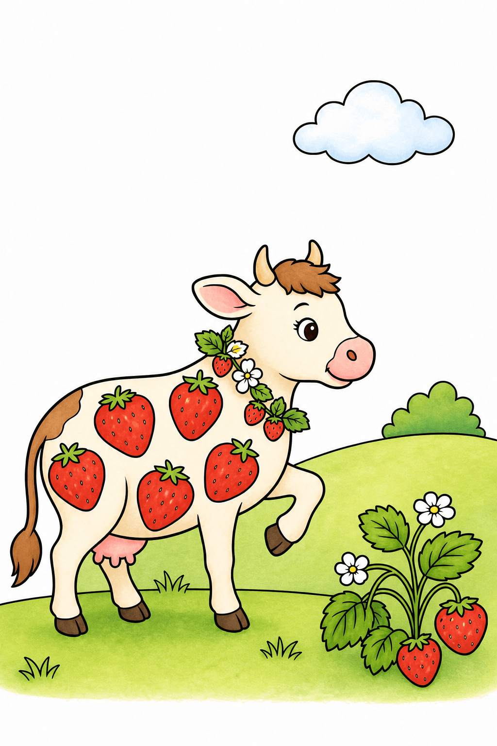 Strawberry Cow Walking on a Hillside storybook colorized preview